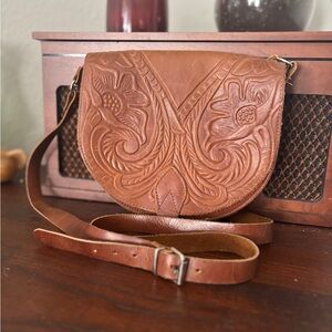 Floral Embossed Tan Leather Crossbody Bag